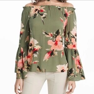 White House Black Market Green Floral Off-Shoulder Blouse